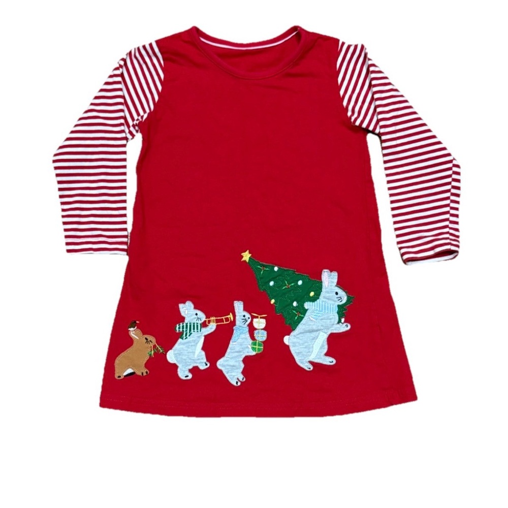 Christmas Holiday Appliqué Dress Bunnies Tree Long Sleeve Girls Size 4 Cotton - Picture 1 of 8